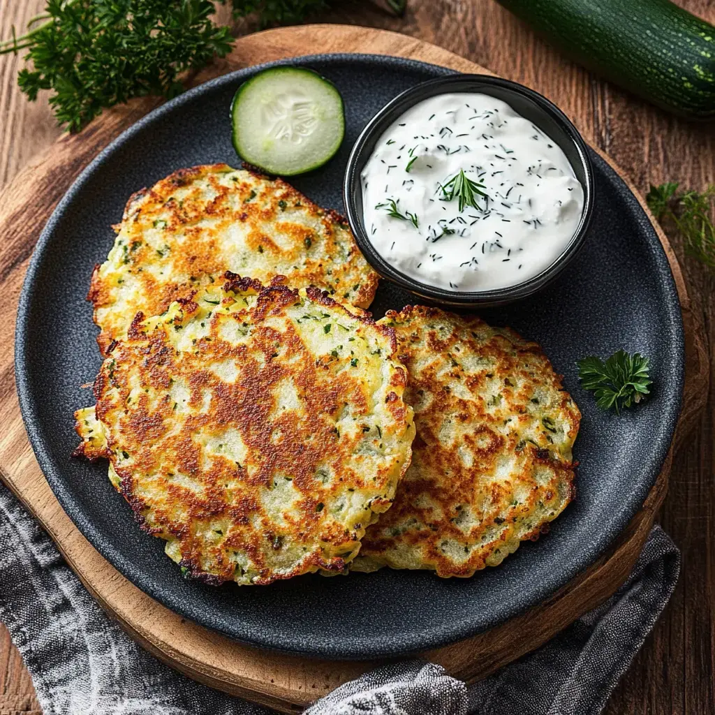 L'image présente trois crêpes aux courgettes dorées dans une assiette, à côté d'un petit bol de sauce yaourt à l'aneth et une rondelle de concombre frais.