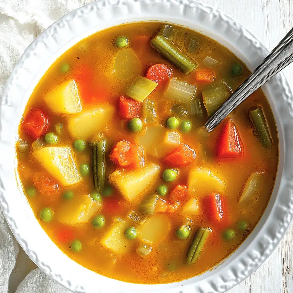 Un bol fumant rempli de soupe aux patates, carottes, petits pois et branches de céleri.