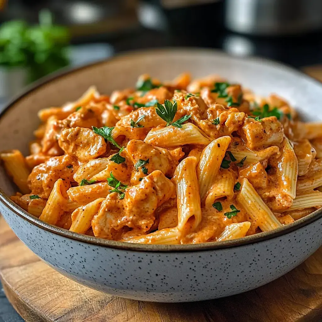 Une assiette de pâtes baignant dans une sauce tomate crémeuse, parsemée de persil frais.