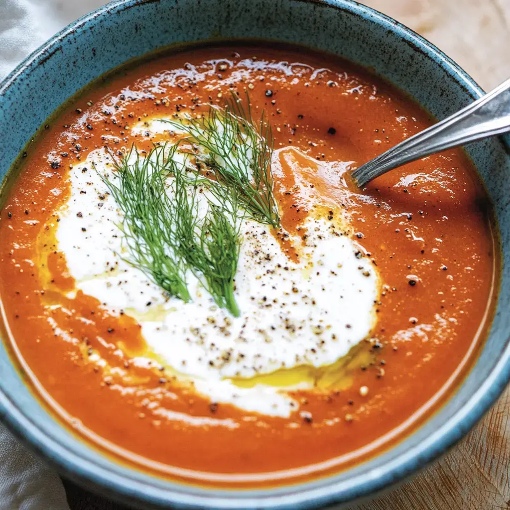 Un bol de potage aux tomates, décoré d'une touche de crème, quelques brins d'aneth et un peu de poivre noir.