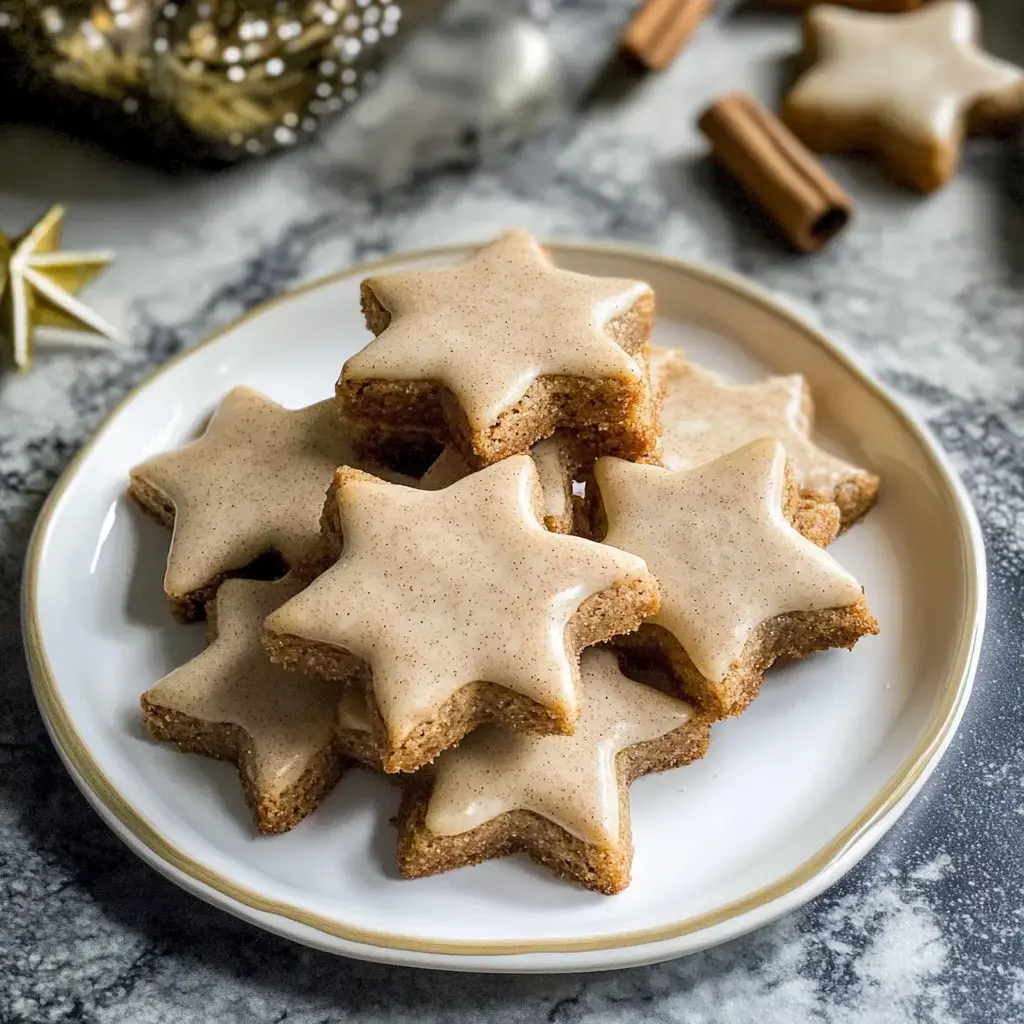 Un joli plateau de biscuits étoilés avec leur glaçage lumineux.