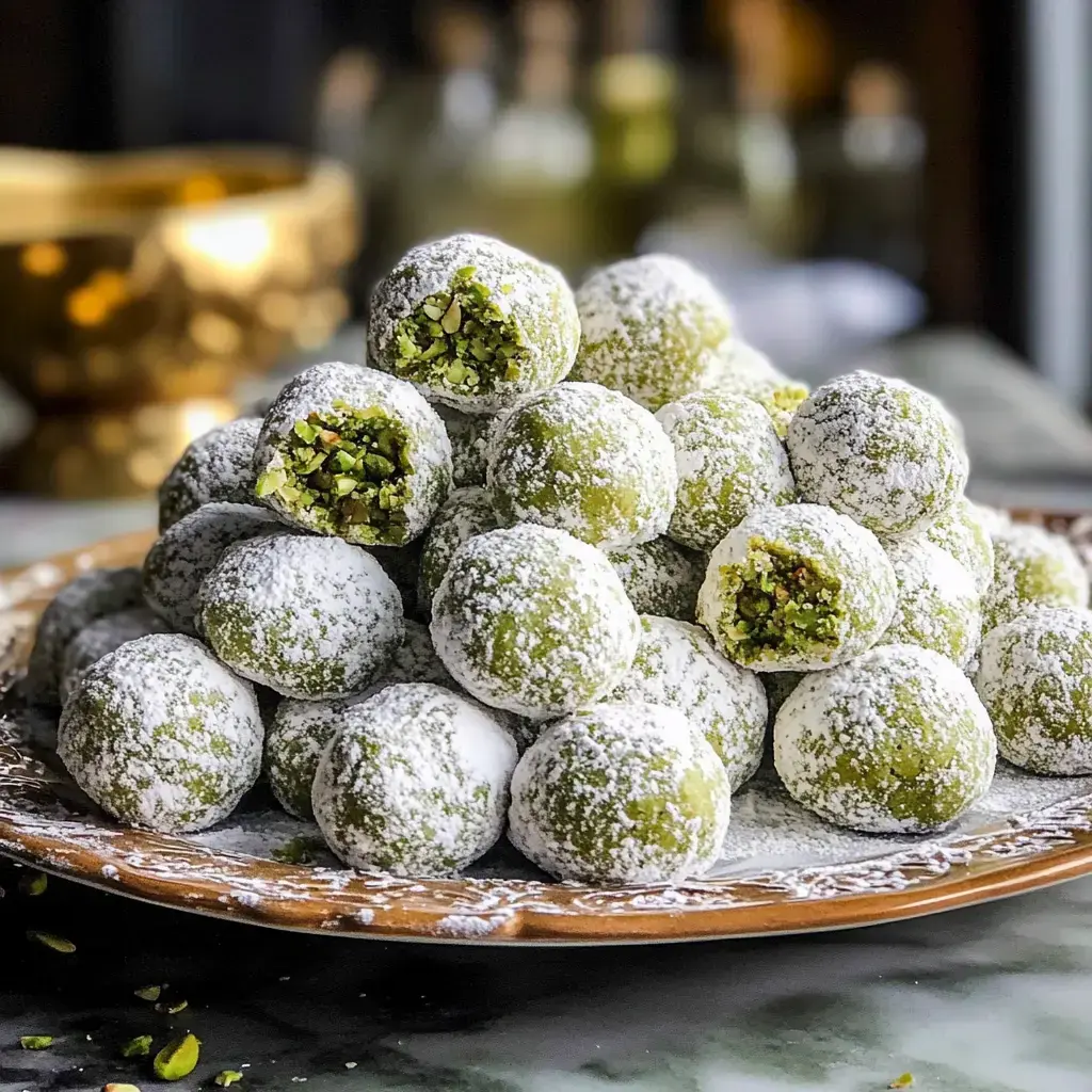 Un joli monticule de douceurs vertes saupoudrées de sucre blanc sur un plat, quelques-unes coupées révélant leur cœur aux pistaches.