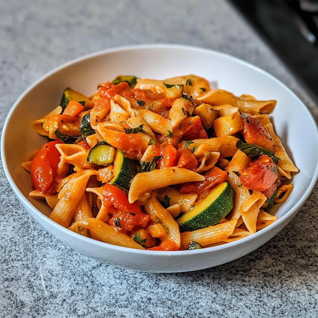 Une assiette appétissante de pâtes avec sauce tomate, rondelles de courgettes et carottes râpées.
