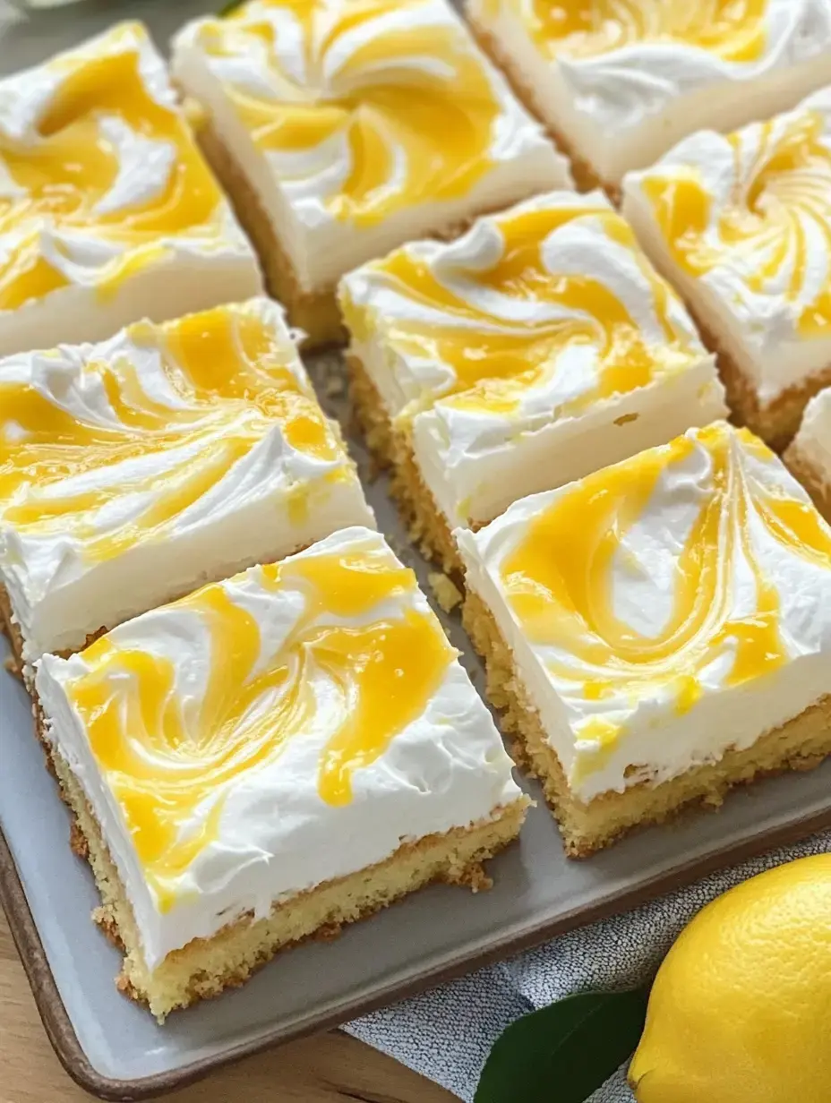 Un dessert présentant plusieurs morceaux de gâteau citronné, garni d'une couche onctueuse et d'un coulis jaune vif.
