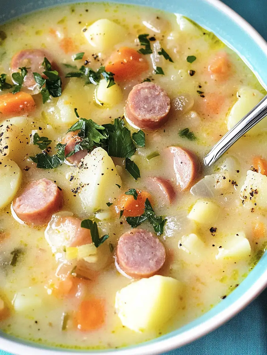 Un bol de potage crémeux aux patates garni de morceaux de saucisse, carottes et persil frais.