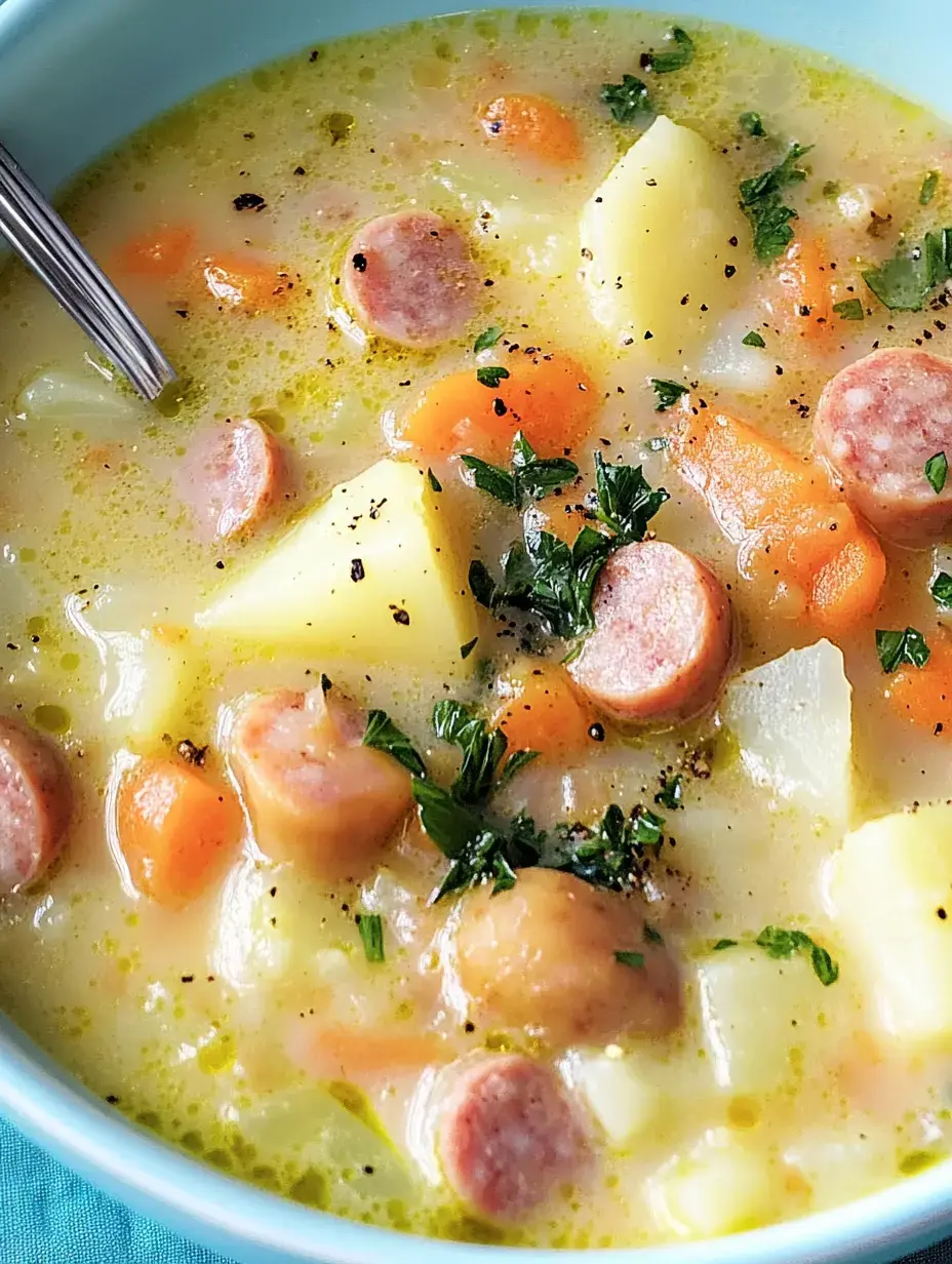 Un bol de potage onctueux avec carottes, patates et saucisses, parsemé de persil frais.