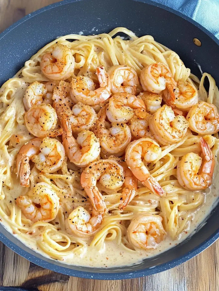 Un plat de linguine nappés de sauce onctueuse, garnis de crevettes dorées et relevés de poivre.