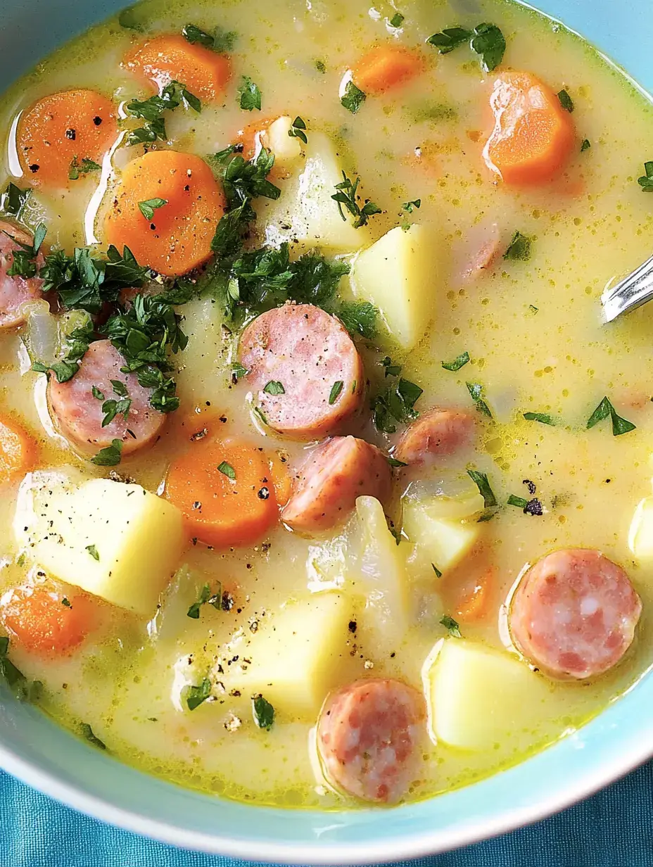 Un bol généreux de potée avec carottes, patates et tranches de saucisse, décoré de persil frais.