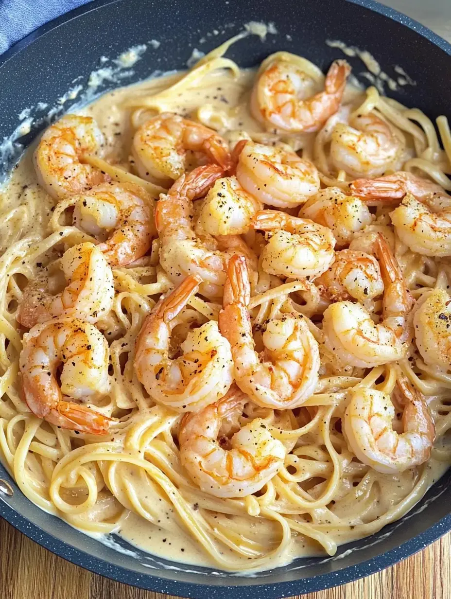 Une portion de spaghetti avec crevettes dans une sauce crémeuse, saupoudrée de poivre noir.