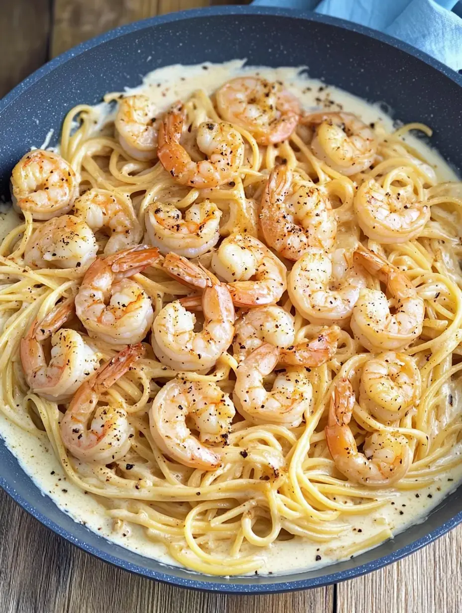 Une poêlée de spaghetti dans une sauce veloutée, parsemée de crevettes sautées et de poivre.