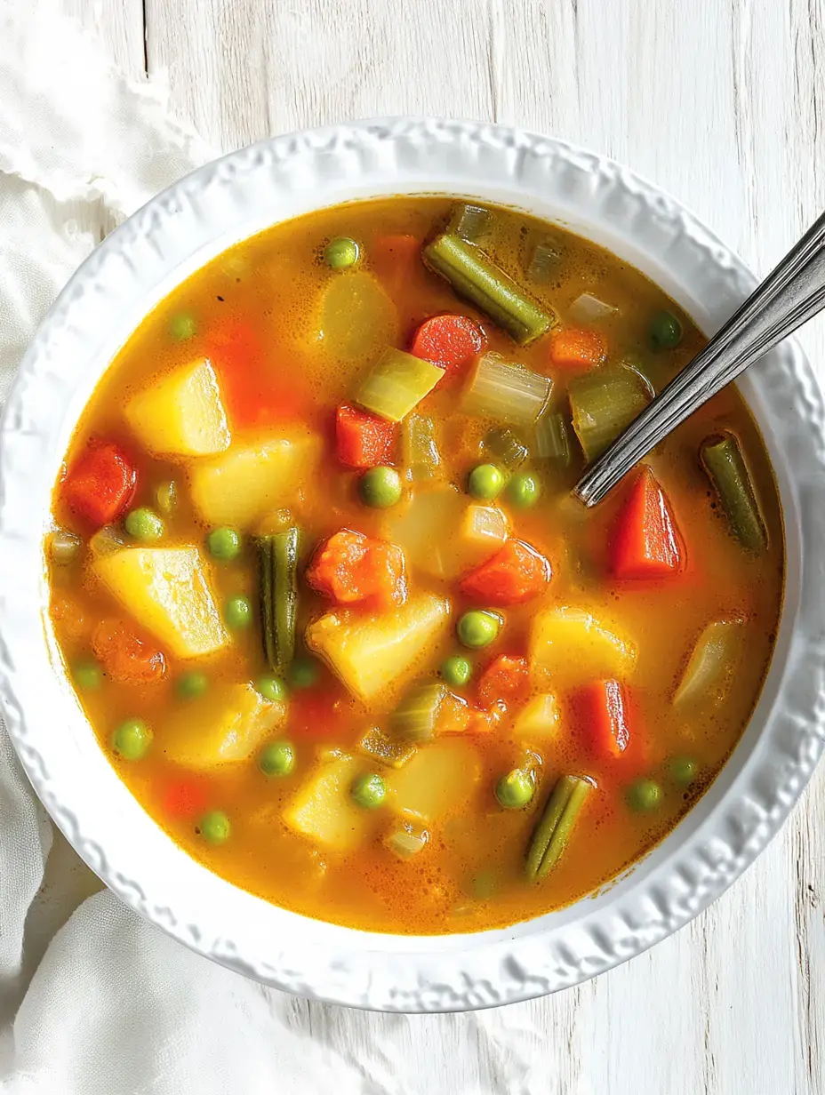 Un bol blanc rempli d'un potage rustique aux légumes, avec des patates, carottes, petits pois et haricots dans un bouillon ambré.