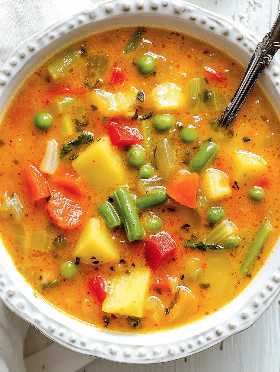 Un bol de soupe veloutée rempli de légumes colorés comme carottes, petits pois, patates et poivron dans un bouillon ambré.