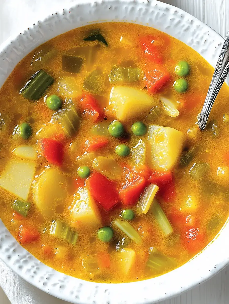 Un bol de potage coloré avec patates, petits pois, poivron et céleri.