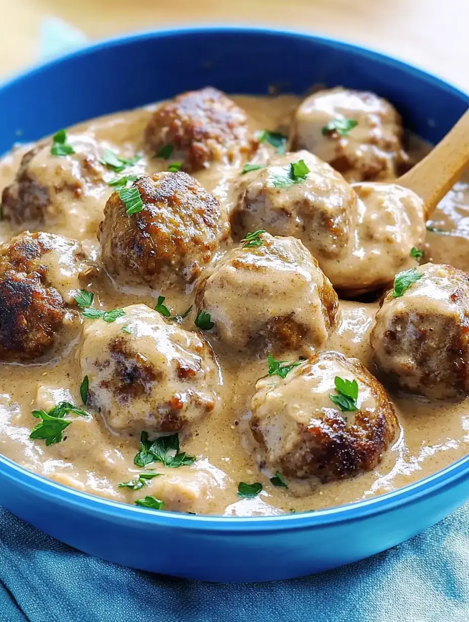 Des boulettes juteuses baignant dans une sauce crémeuse avec du persil frais par-dessus.