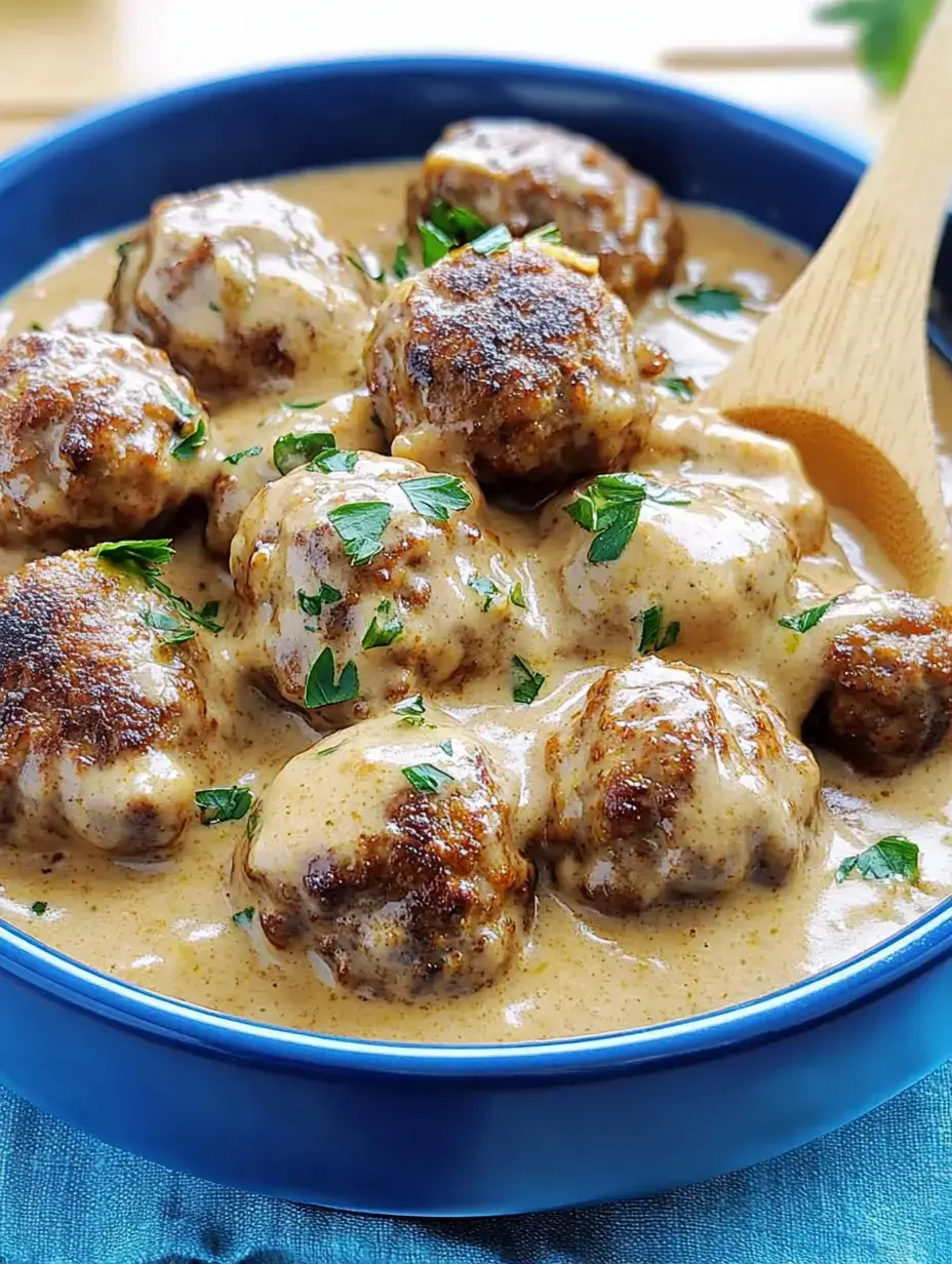Un bol bleu contenant des boulettes juteuses dans leur sauce crémeuse, décorées de persil frais.