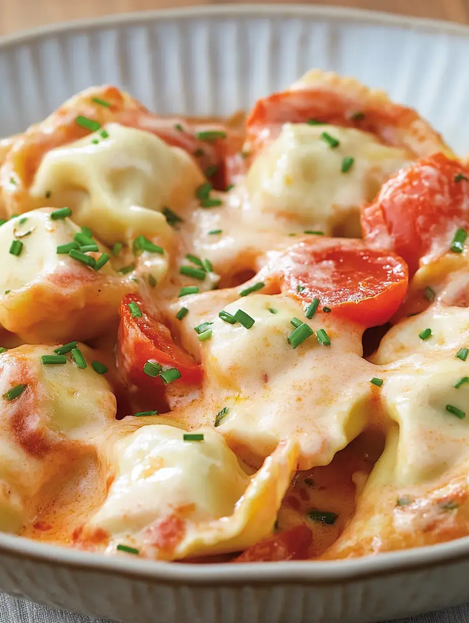Des pâtes farcies gratinées avec du fromage fondu et des tomates cerises, parsemées de ciboulette fraîche.