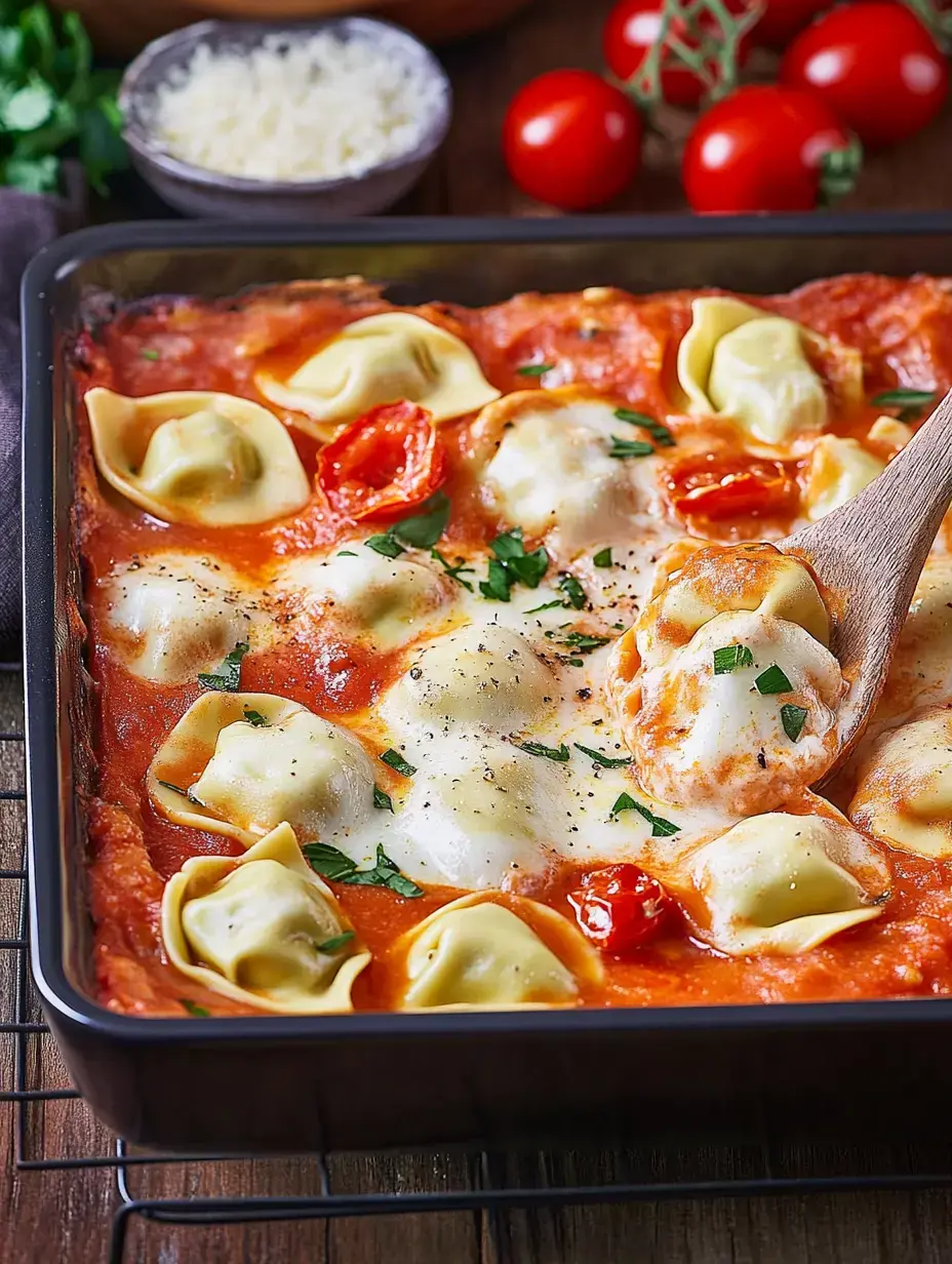 Un gratin de pâtes farcies dans un coulis de tomate, décoré d'herbes fraîches et de petites tomates.