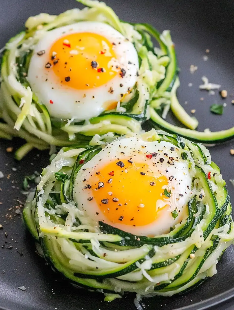 Deux œufs, frits dans un lit spiralé de courgettes et de chou, assaisonnés de poivre et de flocons de piment, dans une poêle.