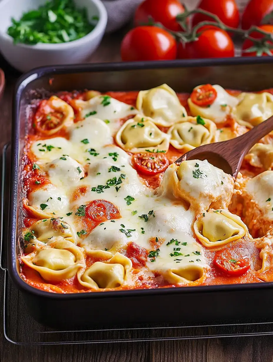 Un gratin de pâtes farcies nappé de fromage fondu et sauce tomate, garni de persil frais.