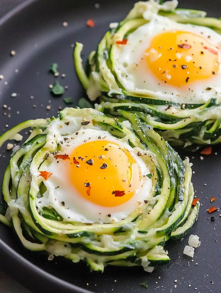 Deux anneaux de courgettes préparés avec un œuf au plat au milieu, garnis d'épices sur une assiette noire.