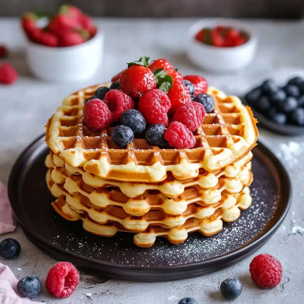 Des gaufres empilées, garnies de framboises et myrtilles fraîches, servies sur une assiette noire.