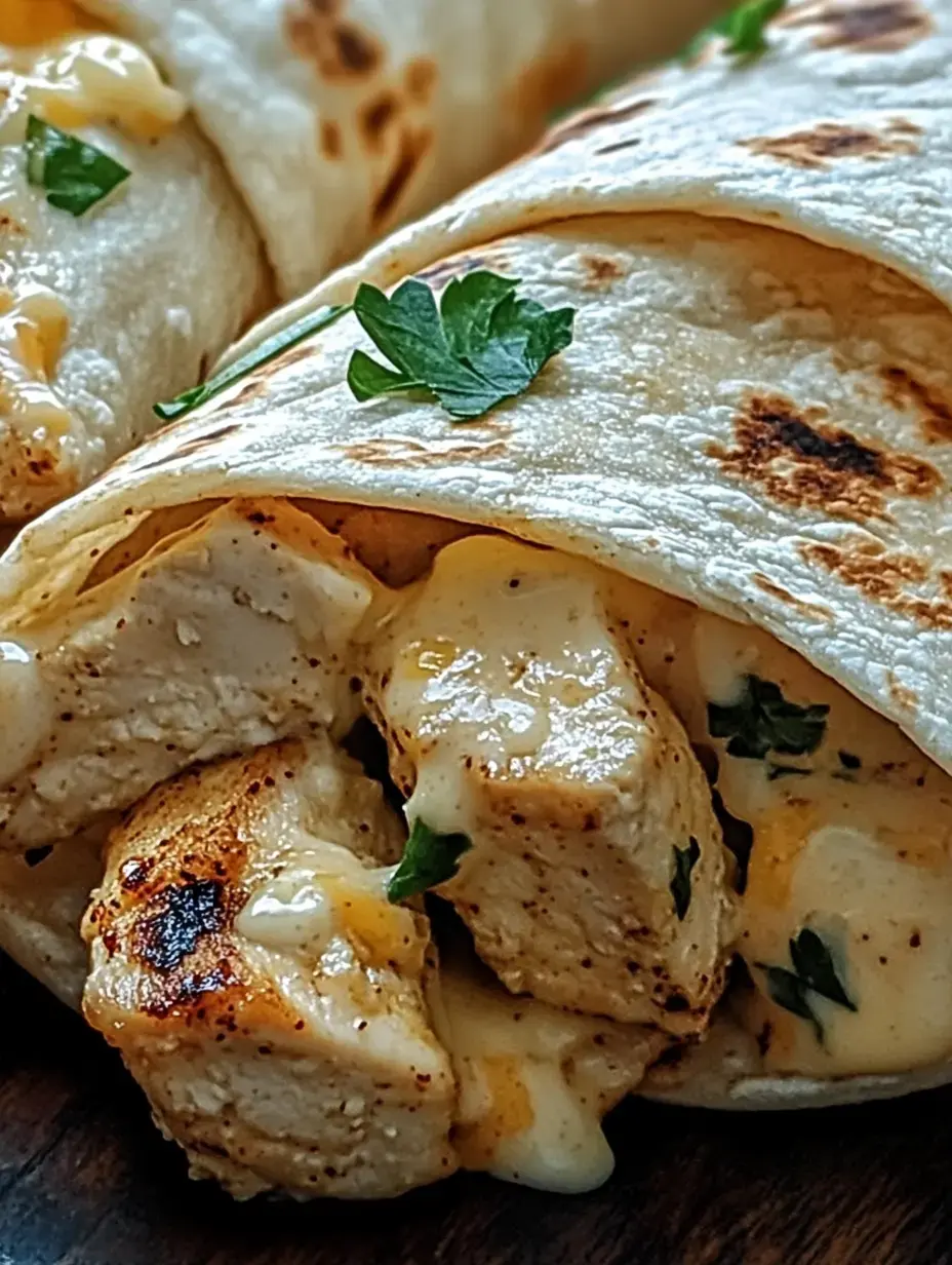 Un gros plan sur des galettes doucement dorées, garnies de morceaux de poulet et sauce onctueuse, décorées de persil frais.
