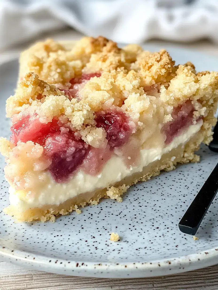 Un morceau de gâteau avec une garniture crémeuse et fruitée, recouvert de miettes croustillantes, sur une assiette.