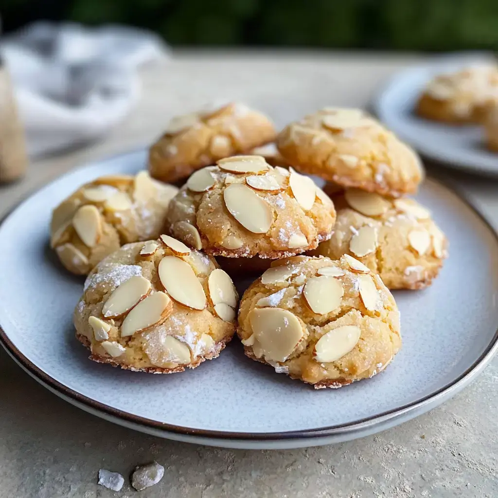 L'image montre des biscuits fraîchement cuits avec des amandes effilées sur une assiette blanche.