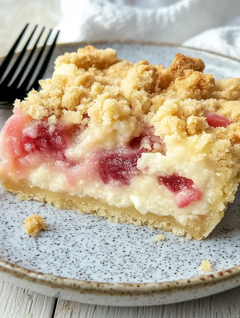 Un morceau de gâteau avec une couche de garniture au fromage et aux fruits, recouvert d'une croûte de miettes friables, sur une assiette blanche.