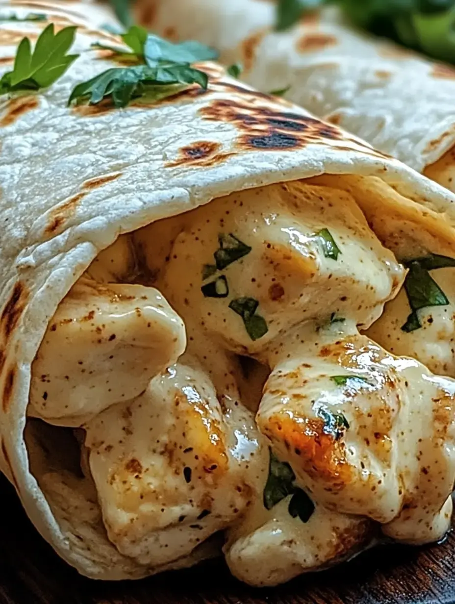 Une vue détaillée d'une galette de blé, garnie de poulet émincé et d'herbes aromatiques.
