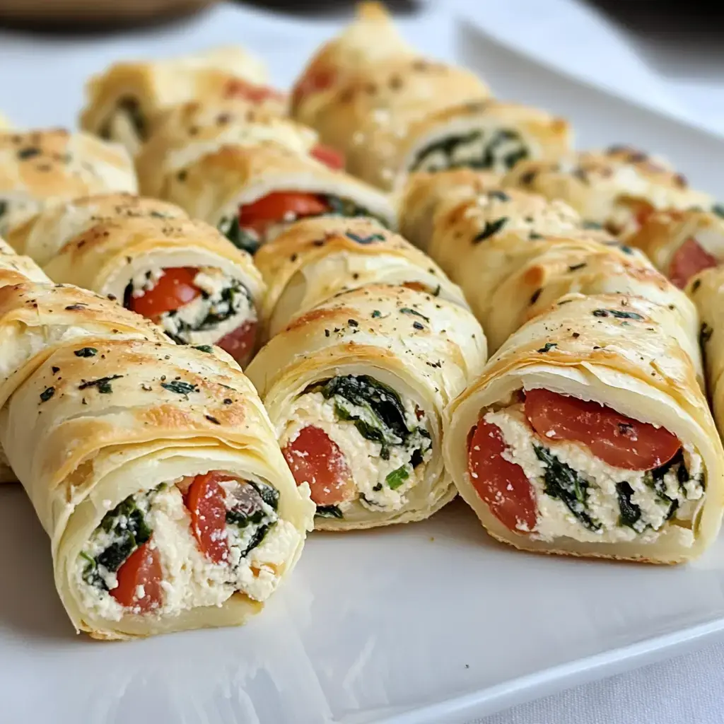 La photo présente des rouleaux tout juste sortis du four garnis de ricotta, épinards et tomates.