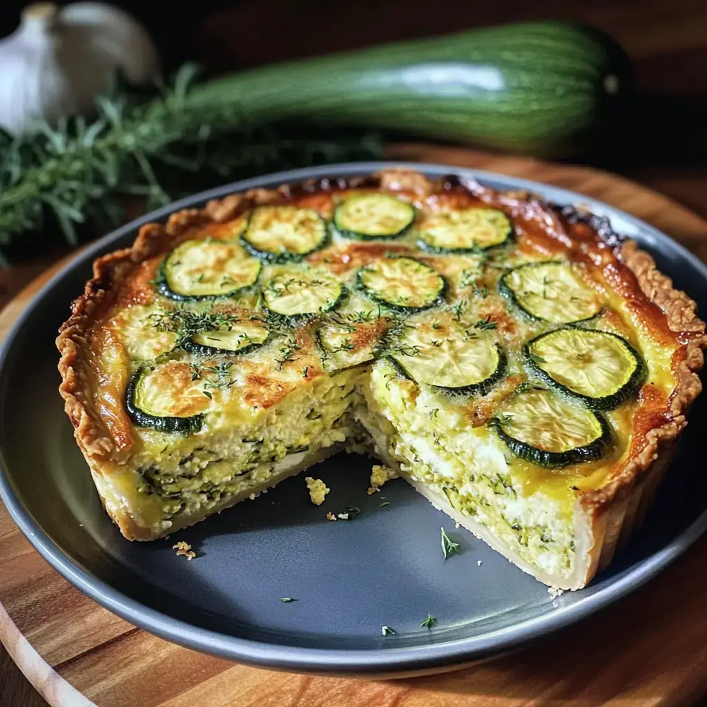 Une délicieuse tarte aux courgettes présentée sur une assiette avec une croûte dorée et des morceaux de courgettes fraîches visibles.