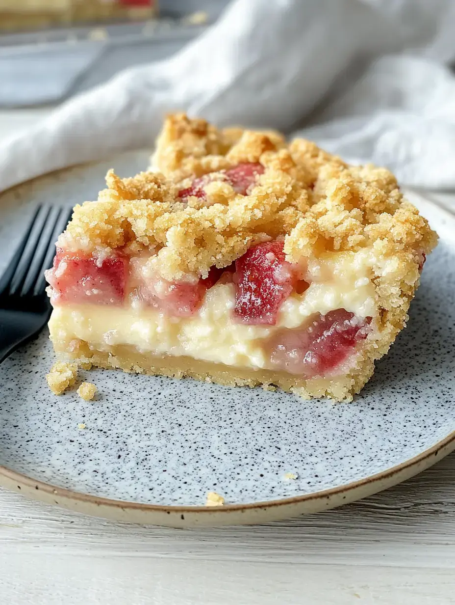 Un morceau de dessert avec une couche de crème et de fruits frais, recouvert d'une couche croustillante de miettes, sur une assiette grise.