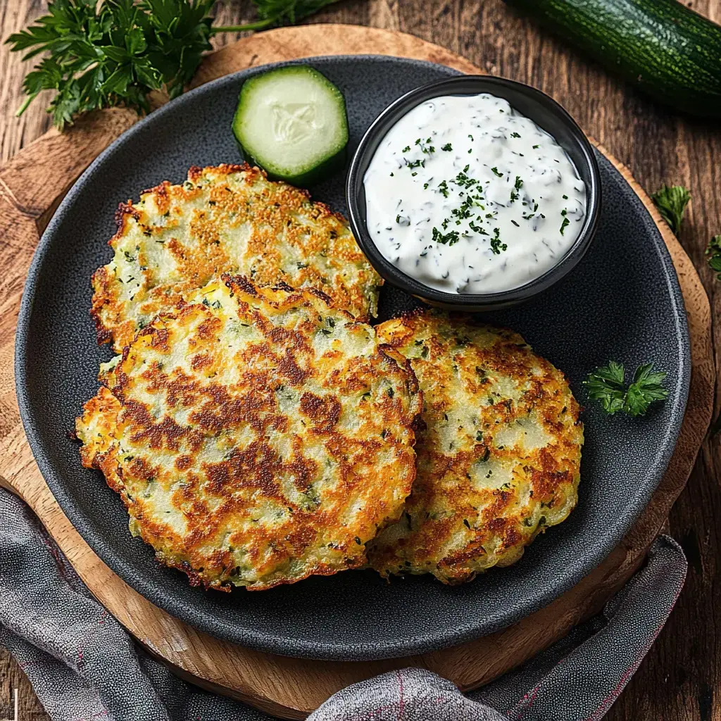 Trois galettes dorées servies avec une sauce blanche crémeuse, décorées d'une tranche de concombre et quelques brins de persil.