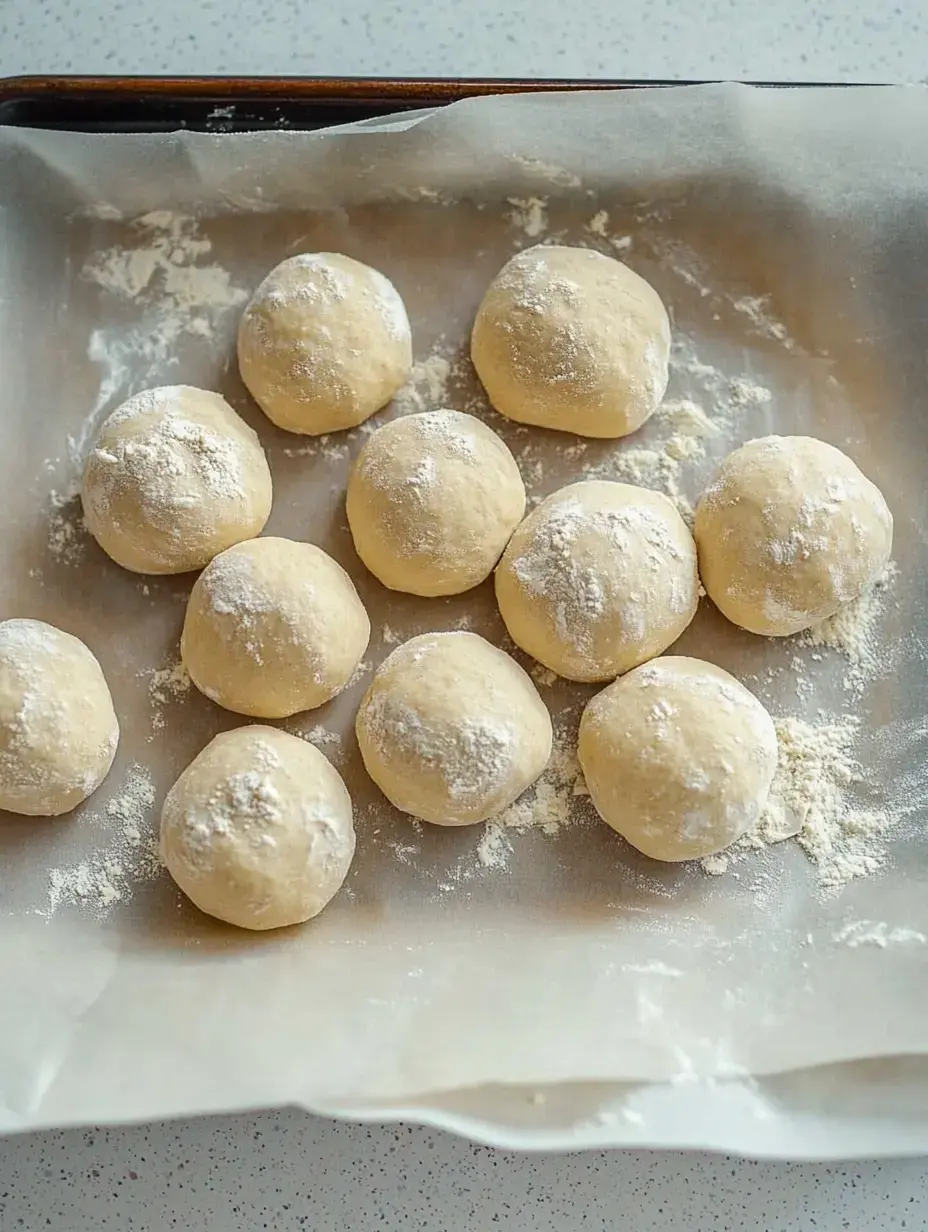 Douze boules de pâte rondes saupoudrées de farine disposées sur une plaque de four.