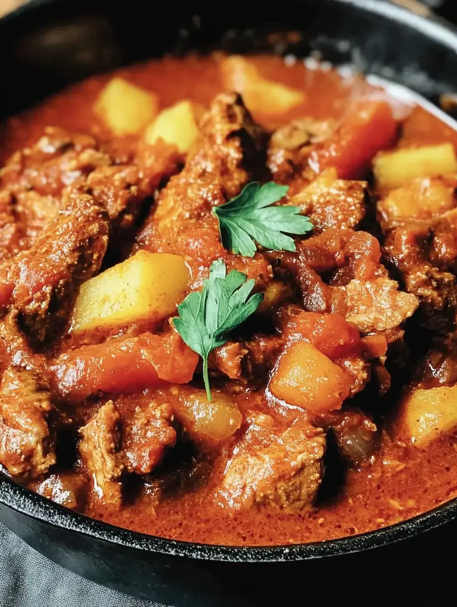 Un ragoût appétissant avec sauce rouge, pommes de terre et carottes, parsemé d'herbes vertes.