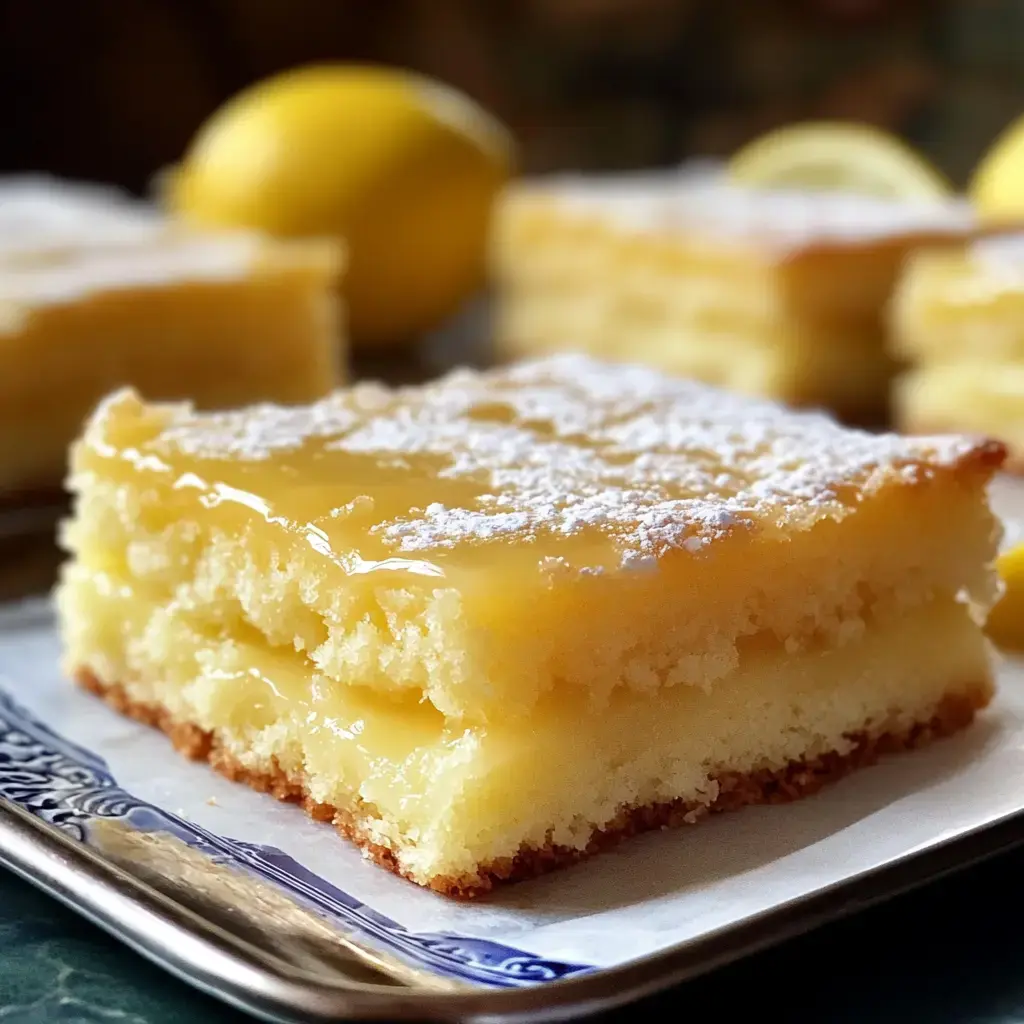 Une part de gâteau au citron avec glaçage sucré et un morceau de citron frais en arrière-plan.