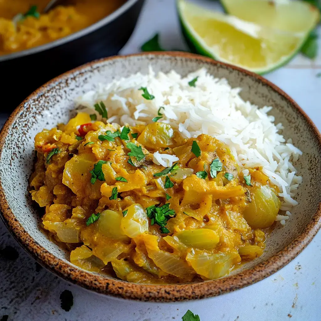 Un bol de curry savoureux servi avec du riz, décoré de coriandre fraîche et un quartier de citron vert sur le côté.
