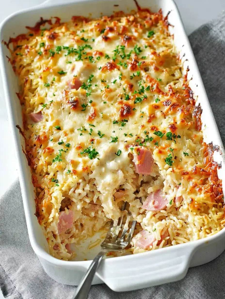 Un gratin avec du fromage fondu, du jambon et du persil présenté dans un plat blanc.