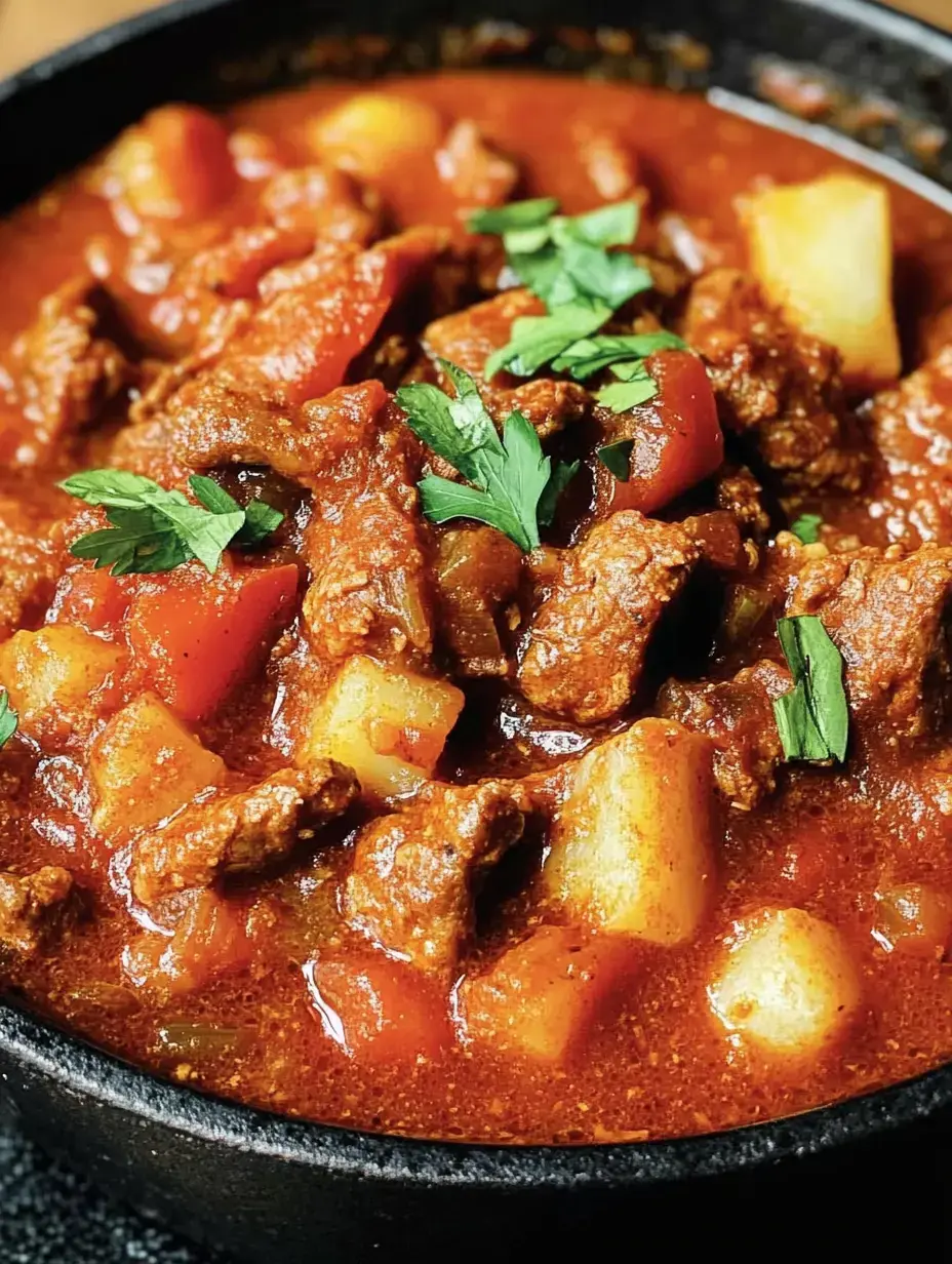 Un mijoté généreux avec poivrons, pommes de terre et herbes dans une sauce tomate.