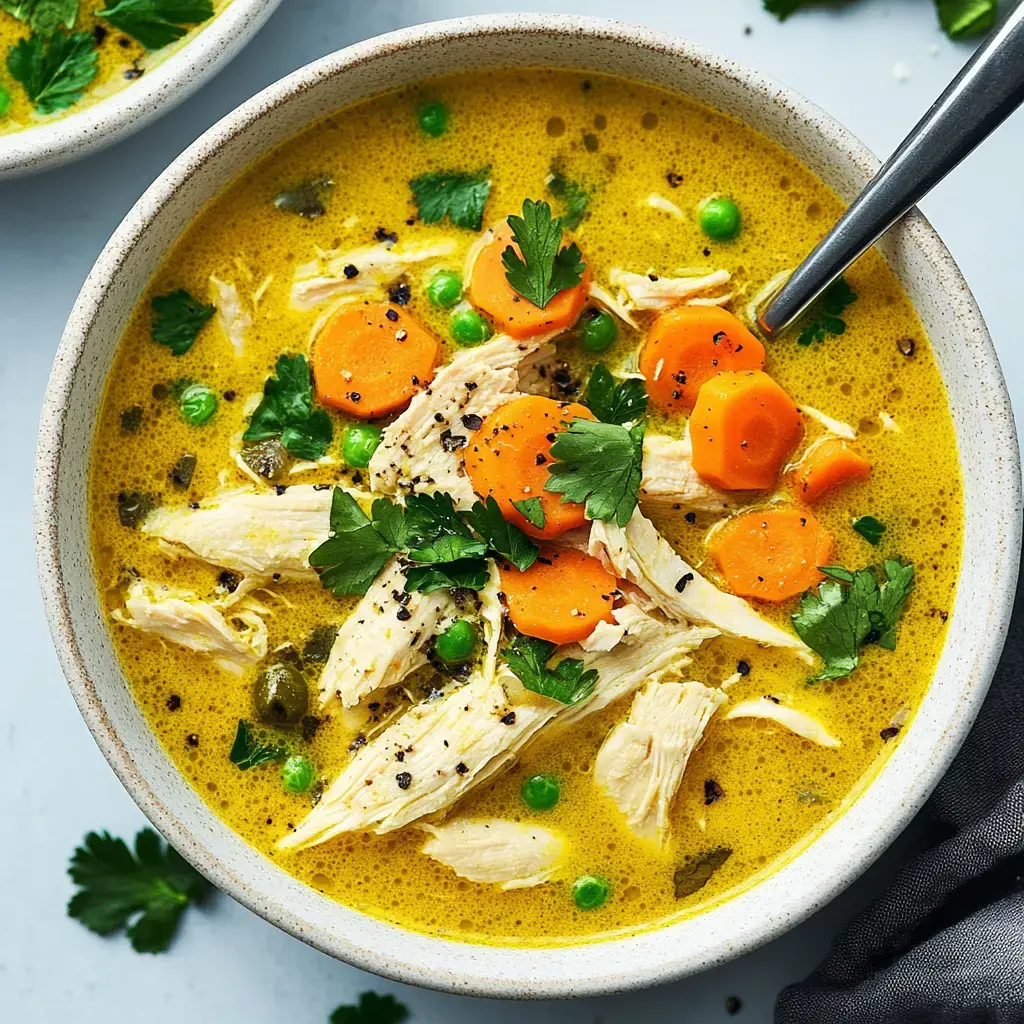Une soupe dorée avec des morceaux de poulet, carottes, petits pois et verdure fraîche.