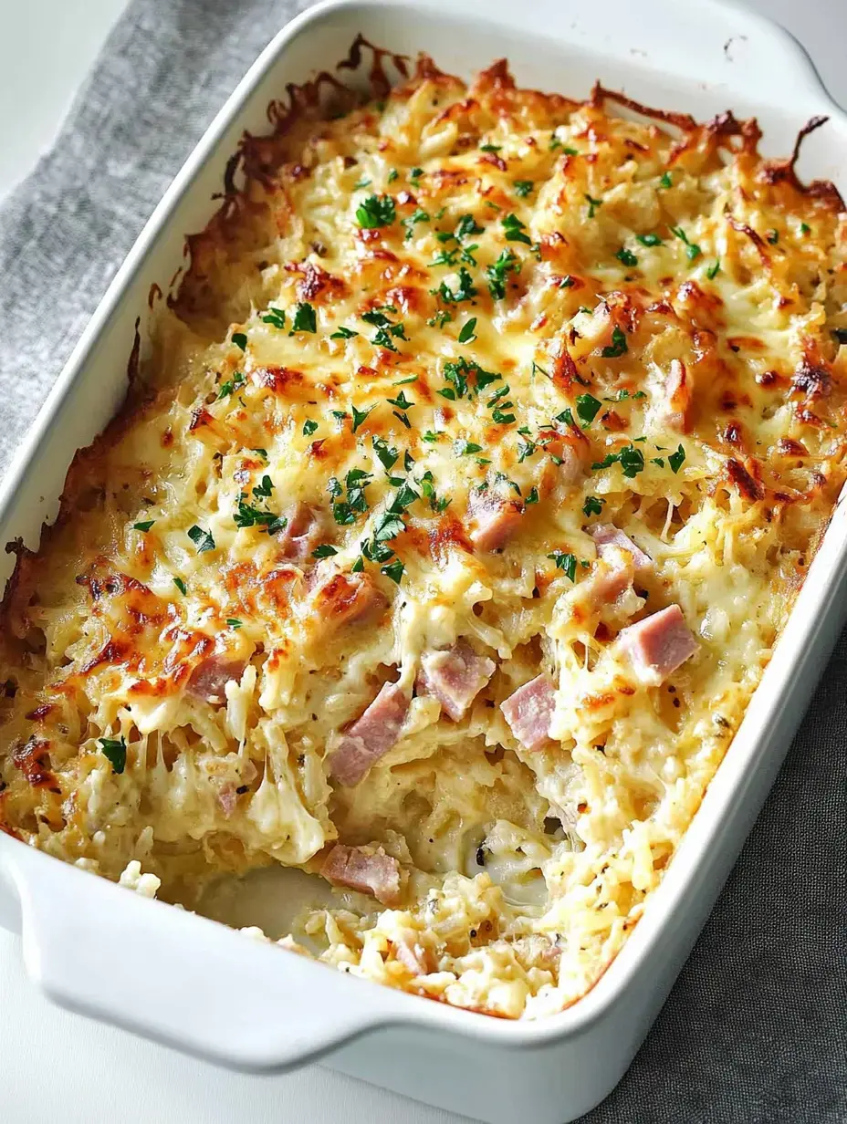 Un plat gratiné doré avec des herbes, du jambon et du fromage, garni de persil frais.