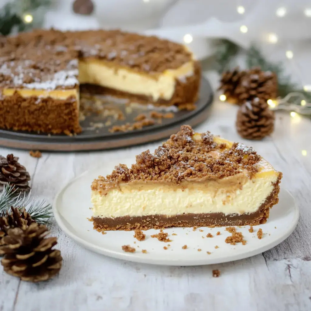Une part de cheesecake avec des miettes, décorée avec des pommes de pin et des lumières en arrière-plan.