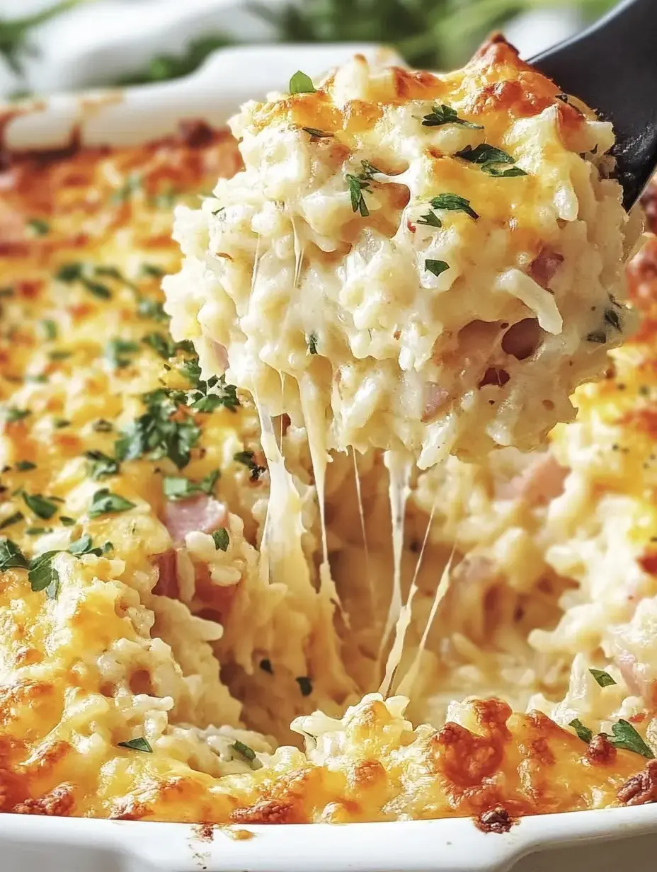 Une cuillère de gratin crémeux au fromage fondu avec des herbes et du jambon est soulevée d'un plat à gratin.