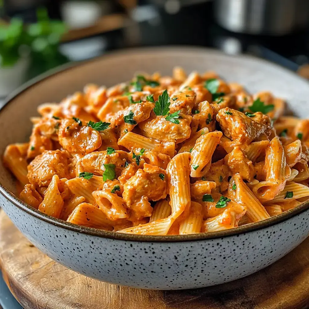 Un bol de pâtes enrobées de sauce crémeuse avec un brin de persil frais.