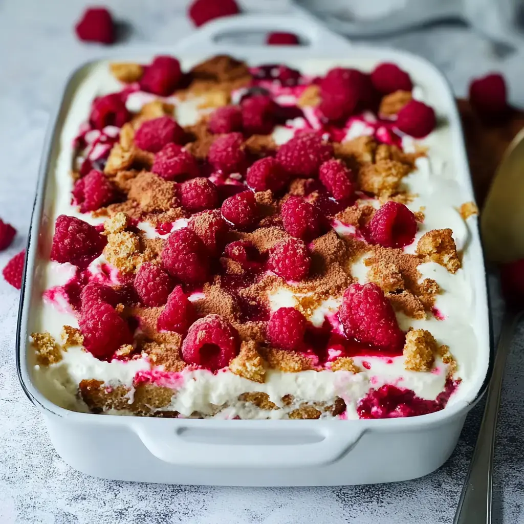 Un savoureux dessert présenté dans un plat blanc, orné de framboises fraîches, de morceaux de biscuits et de sauce framboise onctueuse.