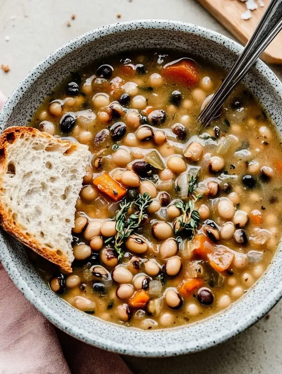 Un bol de soupe colorée aux haricots, garnie d'herbes fraîches avec un morceau de pain.