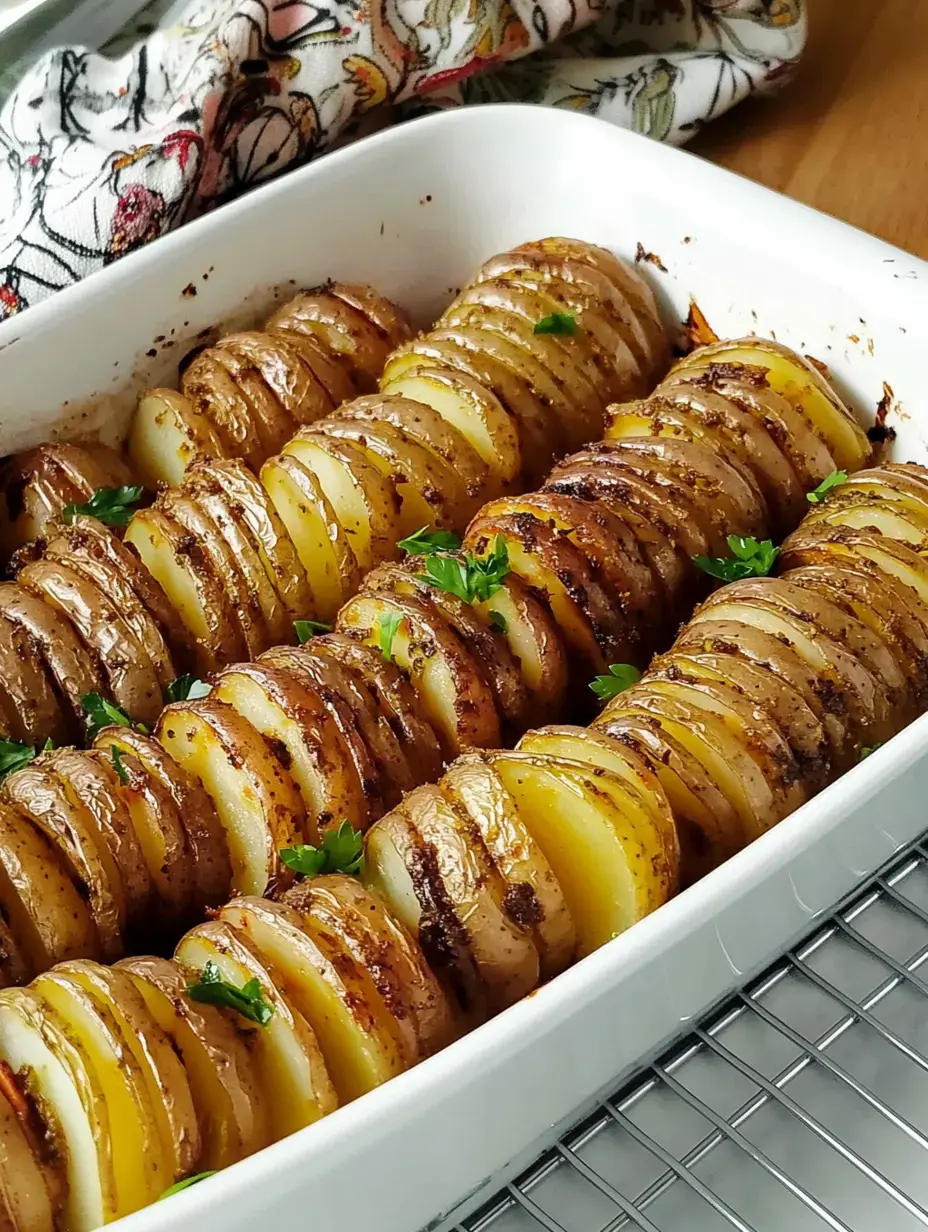Gratin de pommes de terre en tranches dorées avec décoration de persil frais.