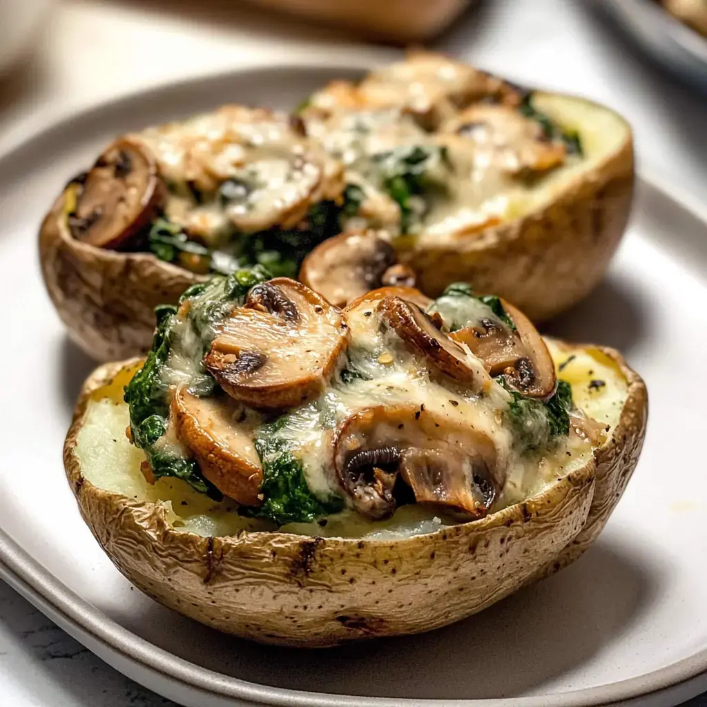 Patates farcies aux épinards, champignons et fromage fondu servies dans une assiette.