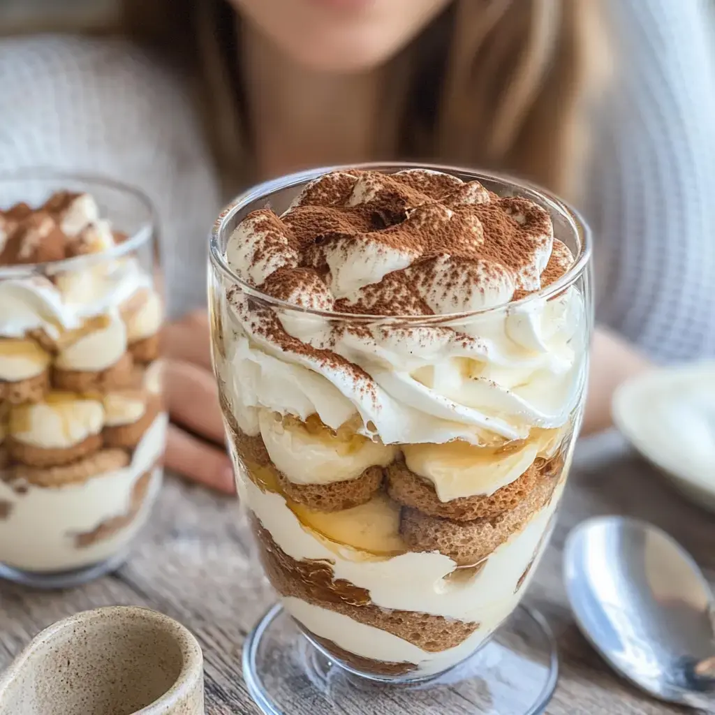 Une verrine appétissante montrant des couches de bananes, crème onctueuse, biscuits et poudre de cacao.